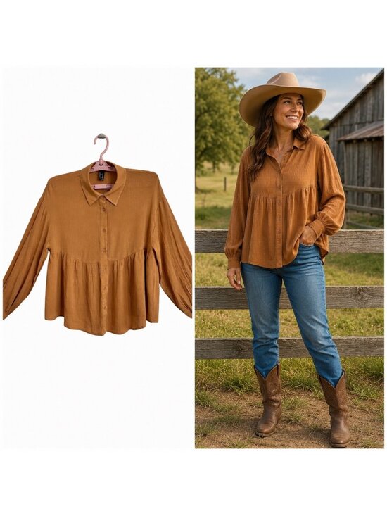 Forever 21 Tops - Forever 21 Button-Up Blouse Babydall Blouse SZ M Womens Western BOHO Academia